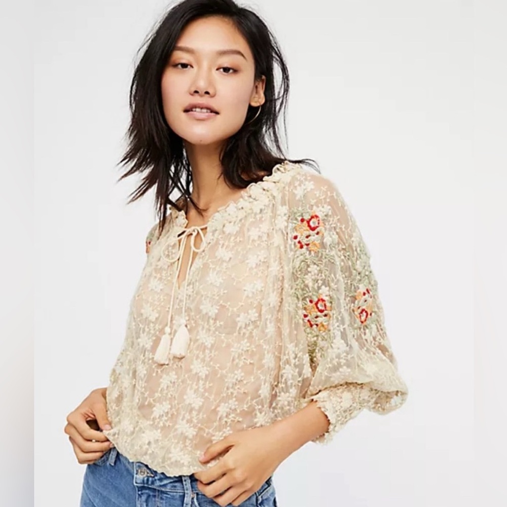 Free People Cream Floral Embroidered Sheer Peasant Blouse NWOT